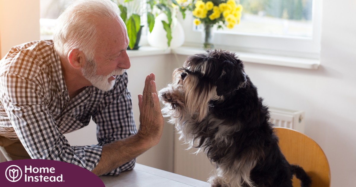 A senior man “high-fives” his pet dog, showing the type of close relationship professional caregivers should be aware of when caring for clients.